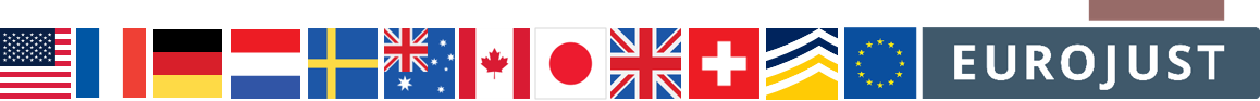 Flags of us, fr ,de ,nl ,se ,au ,ca ,jp ,uk ,ch ,logo of Europol Eurojust